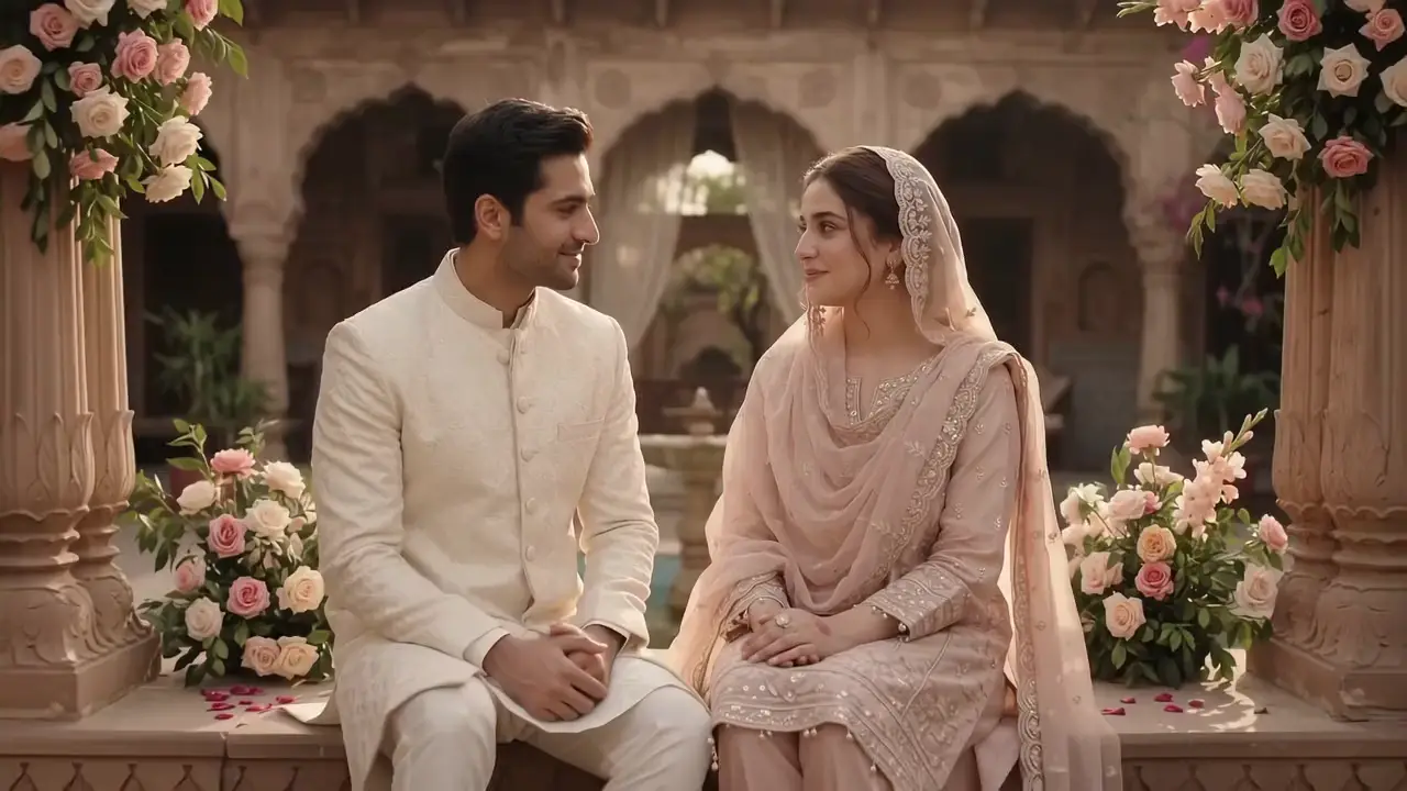 A young Pakistani couple smiling at each other in a courtyard